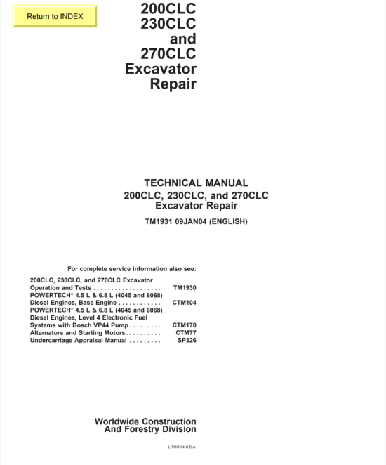 John Deere 200CLC, 230CLC, 270CLC Excavator Repair Technical Manual