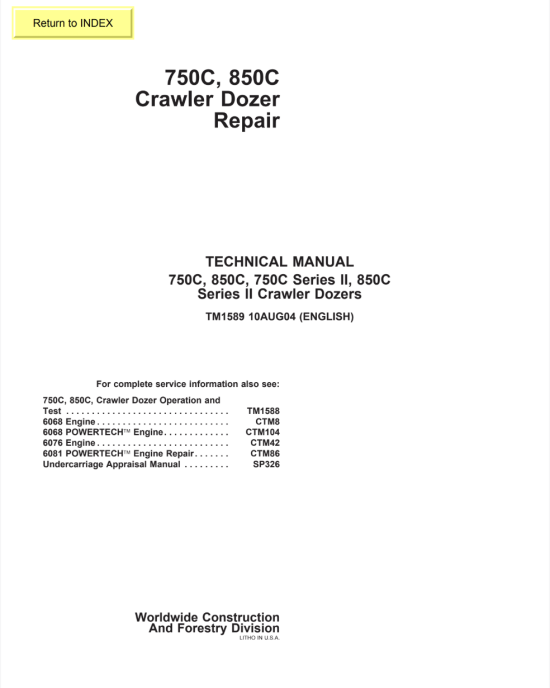John Deere 750C 850C 750C II 850C II Dozer Repair Technical Manual