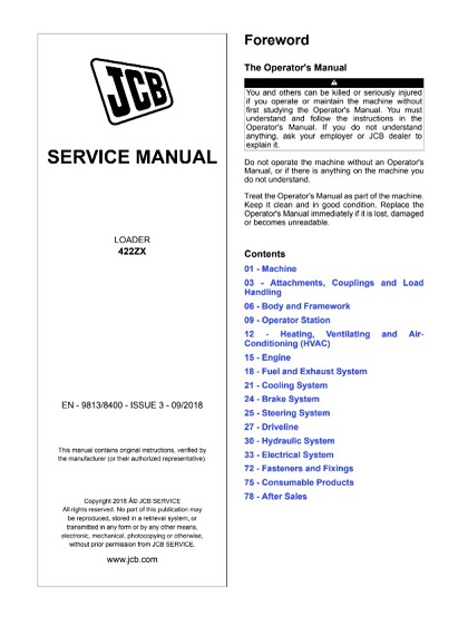 JCB 422ZX Wheeled Loader Service Repair Manual