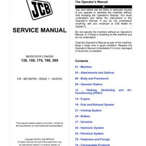 JCB 135, 155, 175, 190, 205 Skid-Steer Loader Service Manual