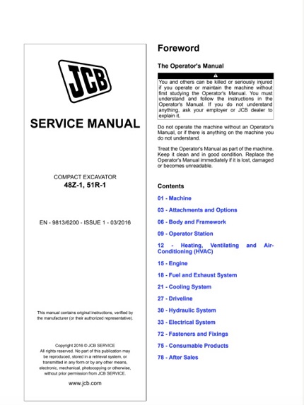 JCB 48Z-1, 51R-1 Compact Excavator Service Manual
