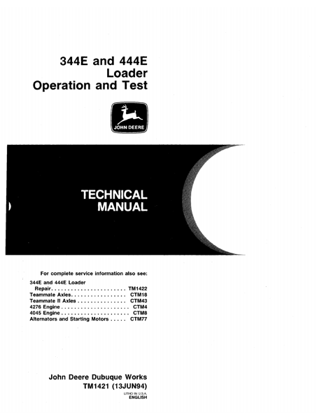 John Deere 344E, 444E Loader Operation and Test Technical Manual