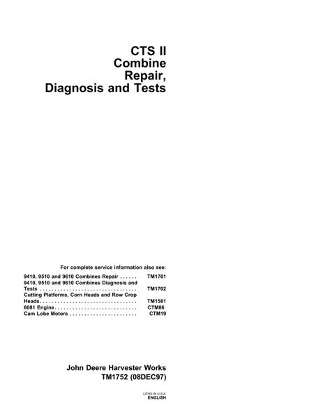 John Deere CTS II Combine Repair, Diagnosis and Tests Technical Manual