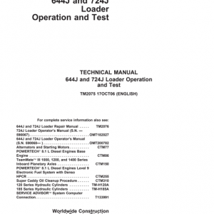 John Deere 644J and 724J Loader Operation and Tests Technical Manual