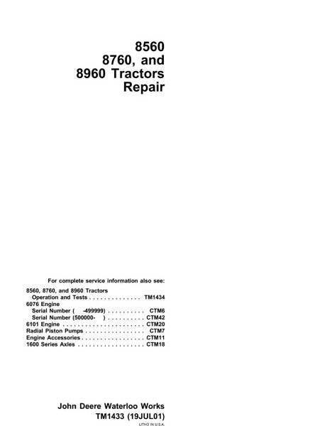 John Deere 8560, 8760, 8960 Tractors Technical Manual