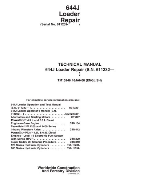 John Deere 644J Loader Repair Technical Manual