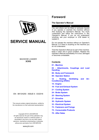 JCB 3CXG Backhoe Loader Service Manual