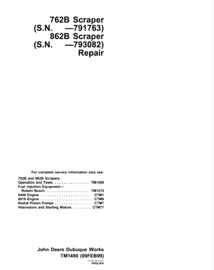 John Deere 762B, 862B Scraper Technical Manual