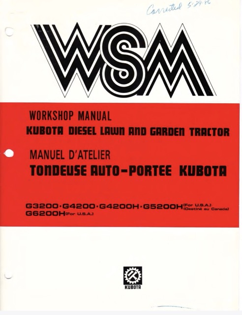 Kubota G3200 G4200 G4200H G5200H G6200H Lawn Garden Tractor Workshop Manual