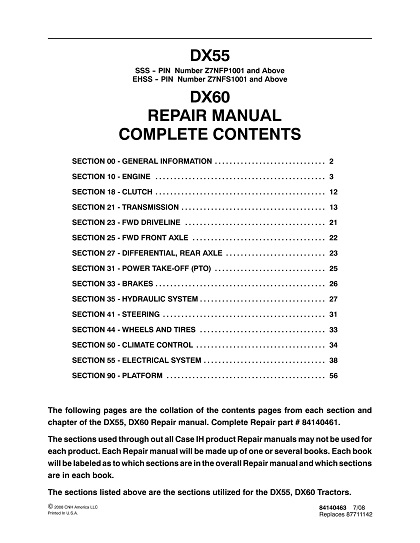 Case IH DX55, DX60 Tractor Service Manual