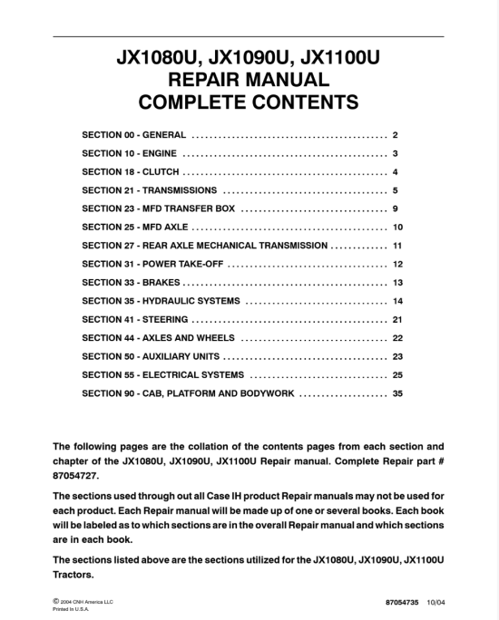 Case IH JX1080U, JX1090U, JX1100U Tractor Service Manual
