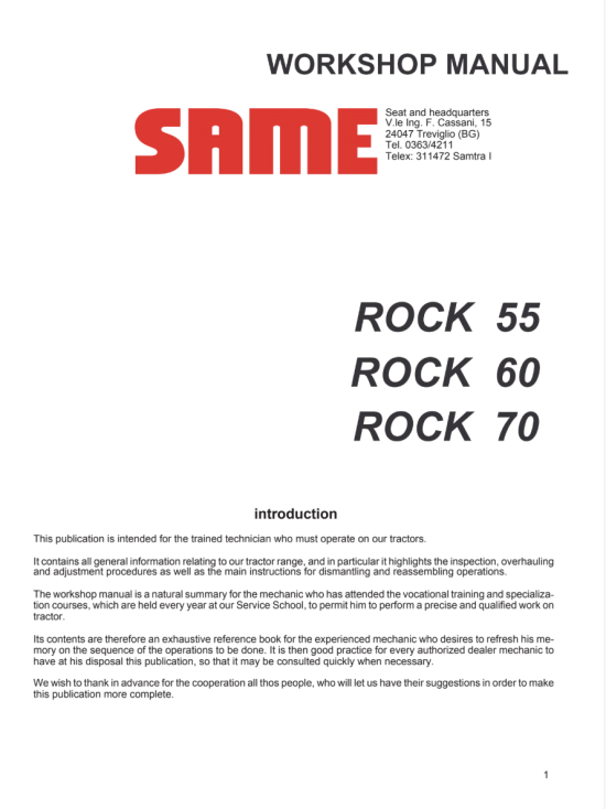 Same Rock 55 60 70 Tractor Workshop Manual