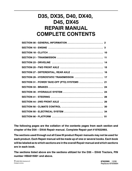 Case IH D35, DX35, D40, DX40, D45, DX45 Tractor Service Manual
