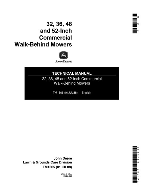 John Deere 32, 36, 48, 52-Inch Commercial Walk-Behind Mowers Technical Manual