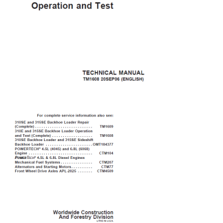 John Deere 310SE ,315SE Backhoe Loaders Operation and Test Technical Manual