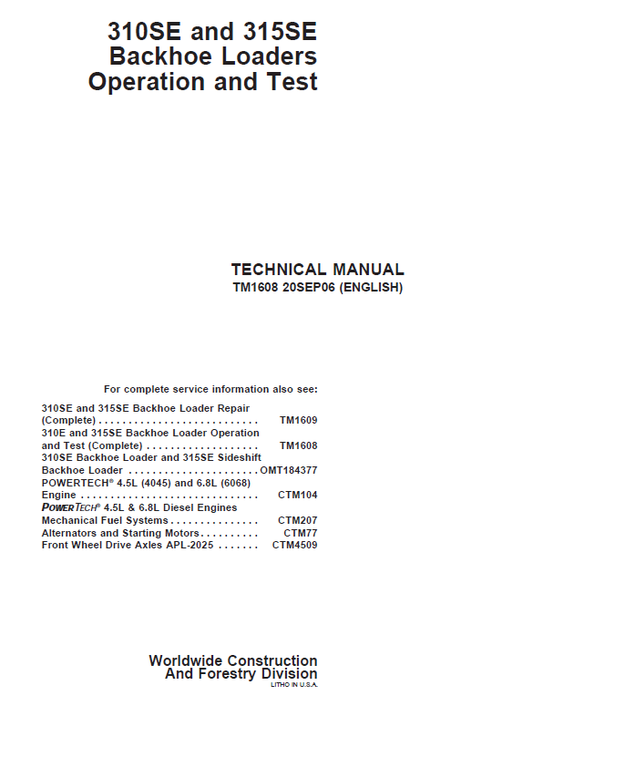 John Deere 310SE ,315SE Backhoe Loaders Operation and Test Technical Manual
