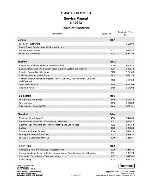 Case 1845C Skid Steer Loader Service Manual