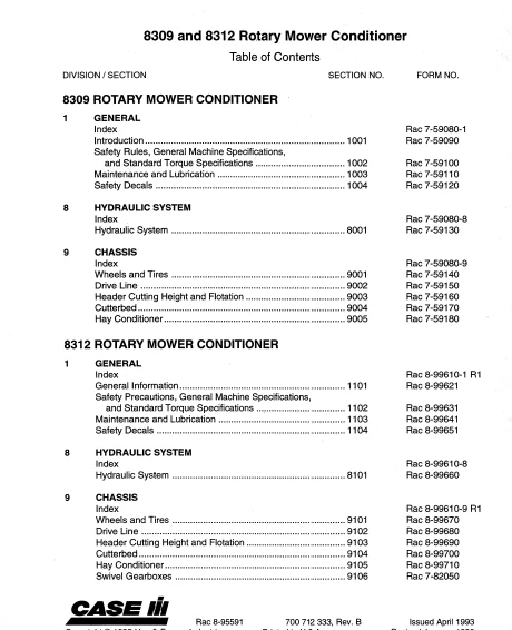 CASE IH 8309, 8312 Rotary Mower Conditioner Service Manual