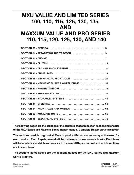 Case Tractor MXU 100 ,110, 115, 125, 130 ,135 Maxxum 140 Pro Series Service Manual