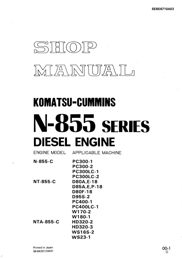 Komatsu Cummins N-855 Series Diesel Engine Service Manual