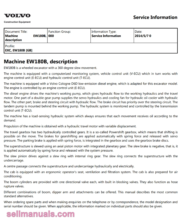 Volvo EW180B Wheeled Excavator Service Manual