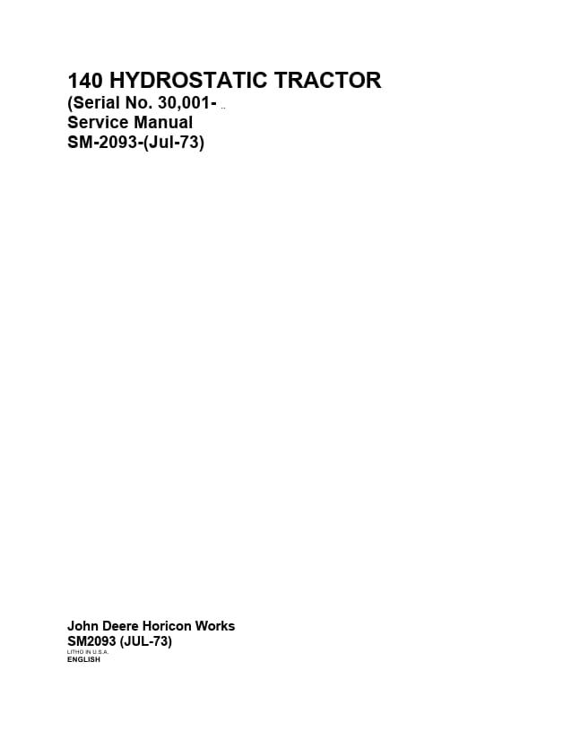 John Deere 140 Hydrostatic Tractor Service Manual