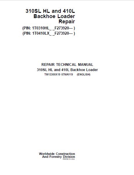 John Deere 310SL HL and 410L Backhoe Loader Technical Manual