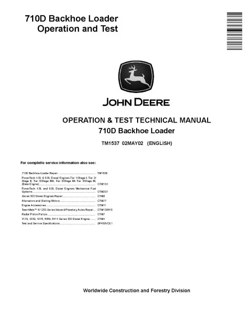 John Deere 710D Backhoe Loader Operation and Test Technical Manual