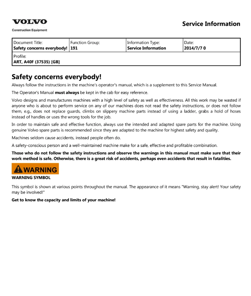 Volvo A40F Articulated Dump Truck Service Manual