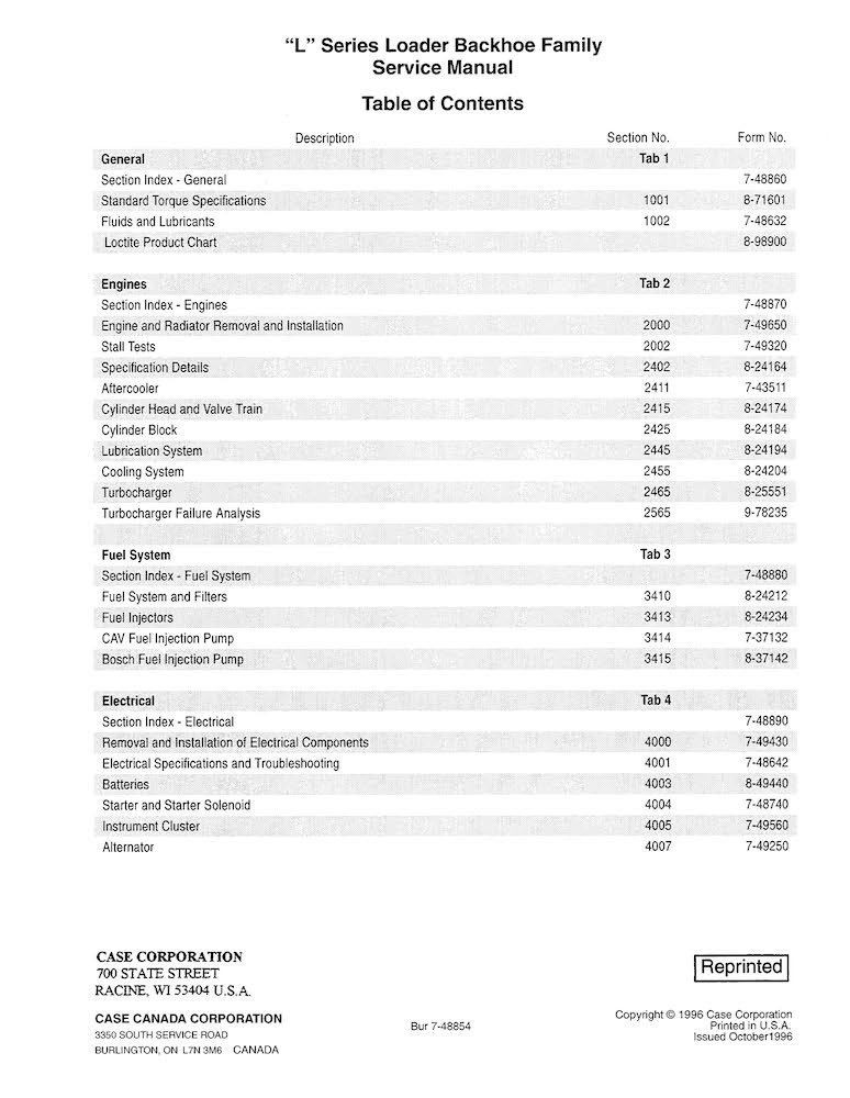 Case L Series (580L, 580 Super L, 590 Super L) Loader Backhoe Family Service Manual