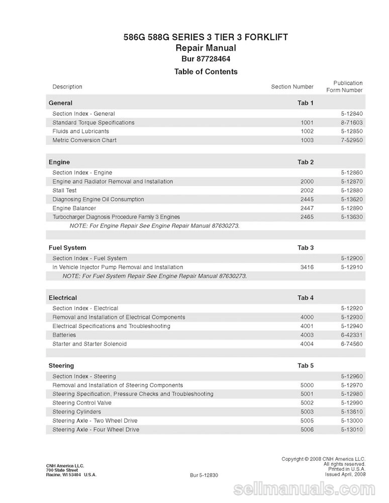 Case 586G, 588G Series 3 Tier 3 Forklift Service Manual