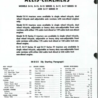 Allis Chalmers D14 D15 Series II D17 D17 Series III D17 Series IV Tractor Service Manual