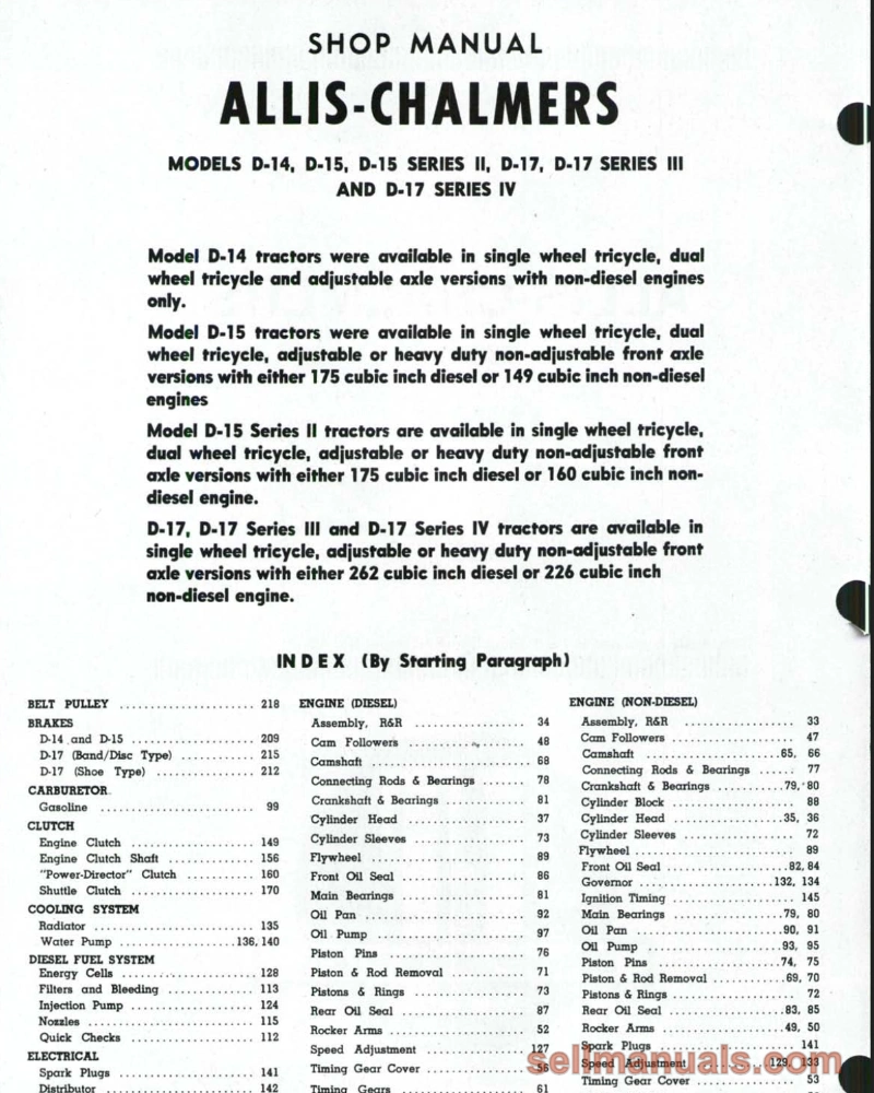Allis Chalmers D14 D15 Series II D17 D17 Series III D17 Series IV Tractor Service Manual