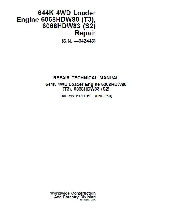 John Deere 644K 4WD Loader Engine 6068HDW80 (T3), 6068HDW83 (S2) Technical Manual