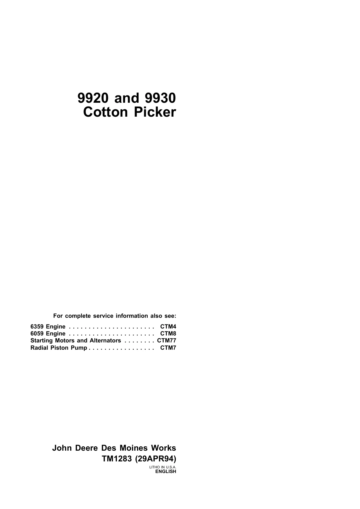 John Deere 9920, 9930 Cotton Picker Technical Manual