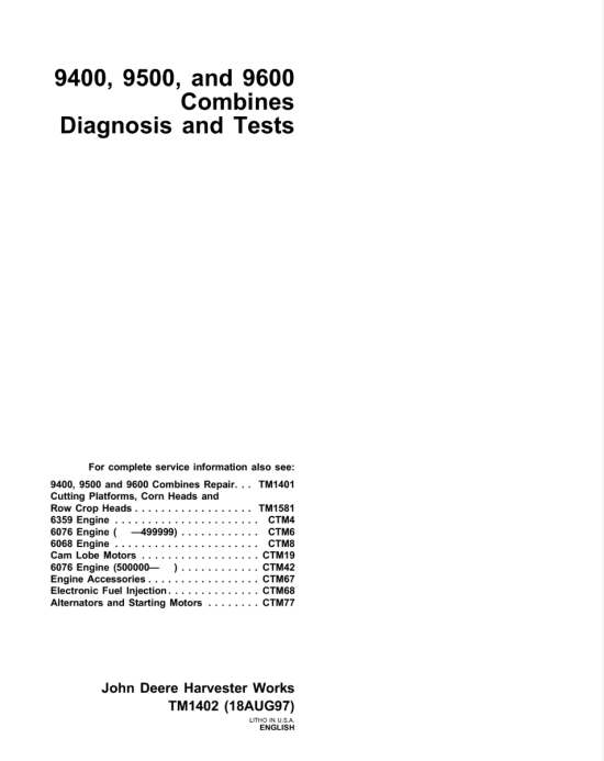 John Deere 9400, 9500, 9600 Combines Diagnosis and Tests Technical Manual