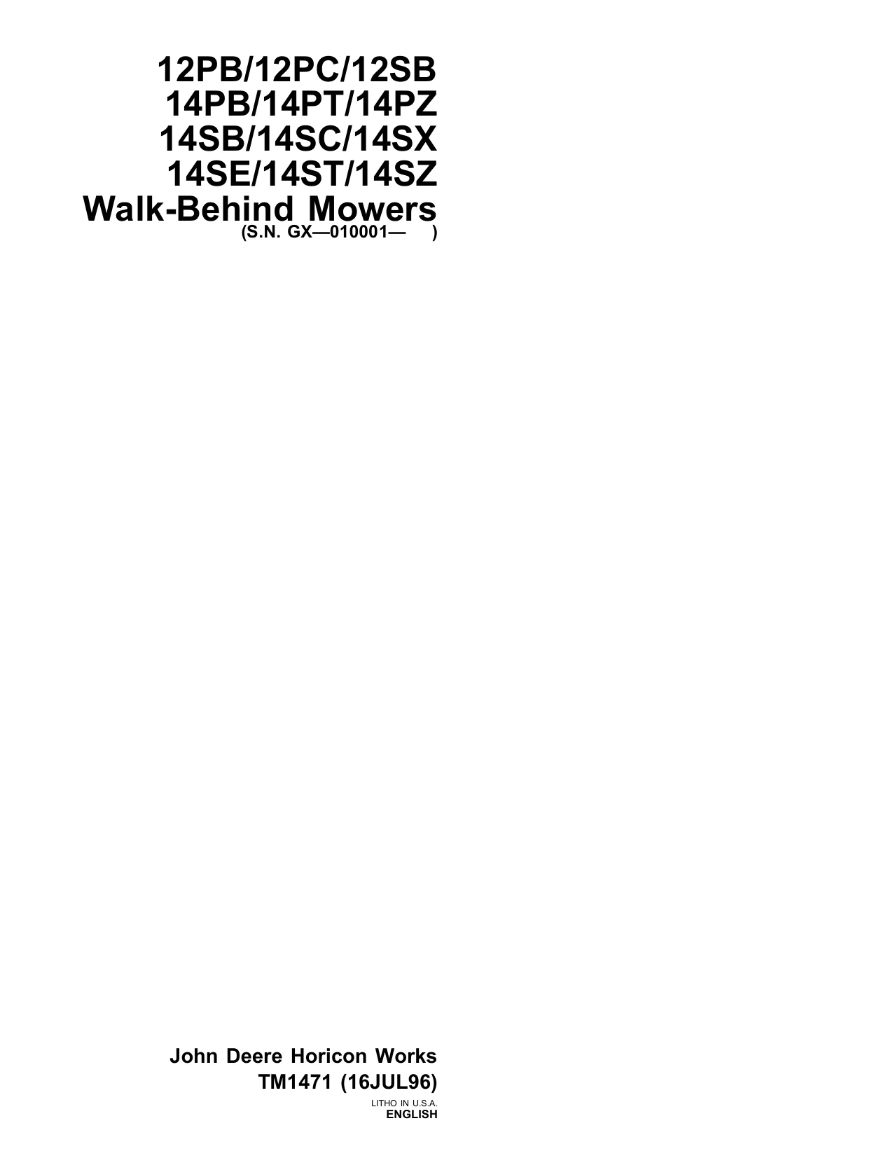 John Deere 12PB, 14PB, 14SB, 14SE Walk-Behind Mowers Technical Manual