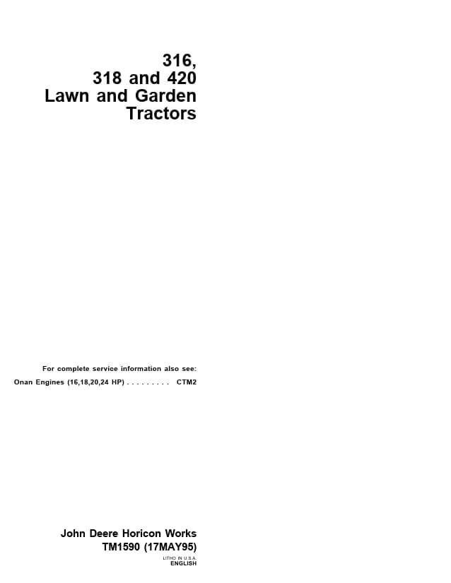 John Deere 316, 318, 420 Lawn Garden Tractors Technical Manual