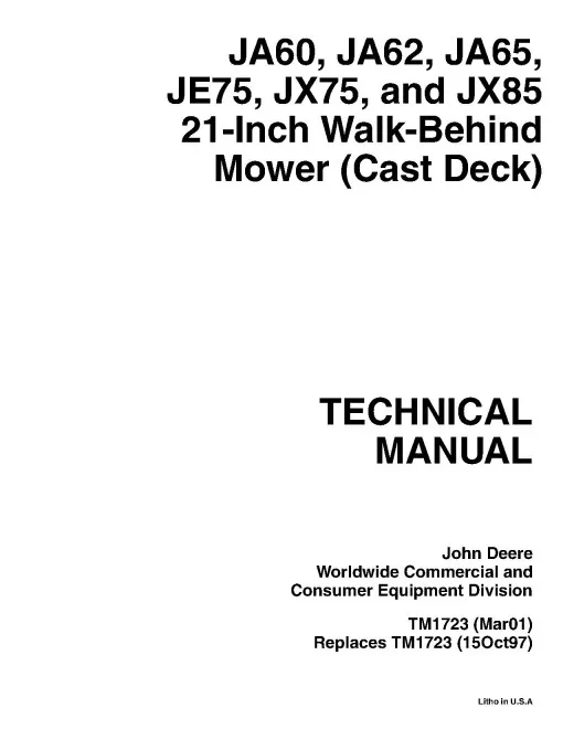 John Deere JA60, JA62, JA65, JE75, JX75, JX85 21-Inch Walk-Behind Mower (Cast Deck) Technical Manual