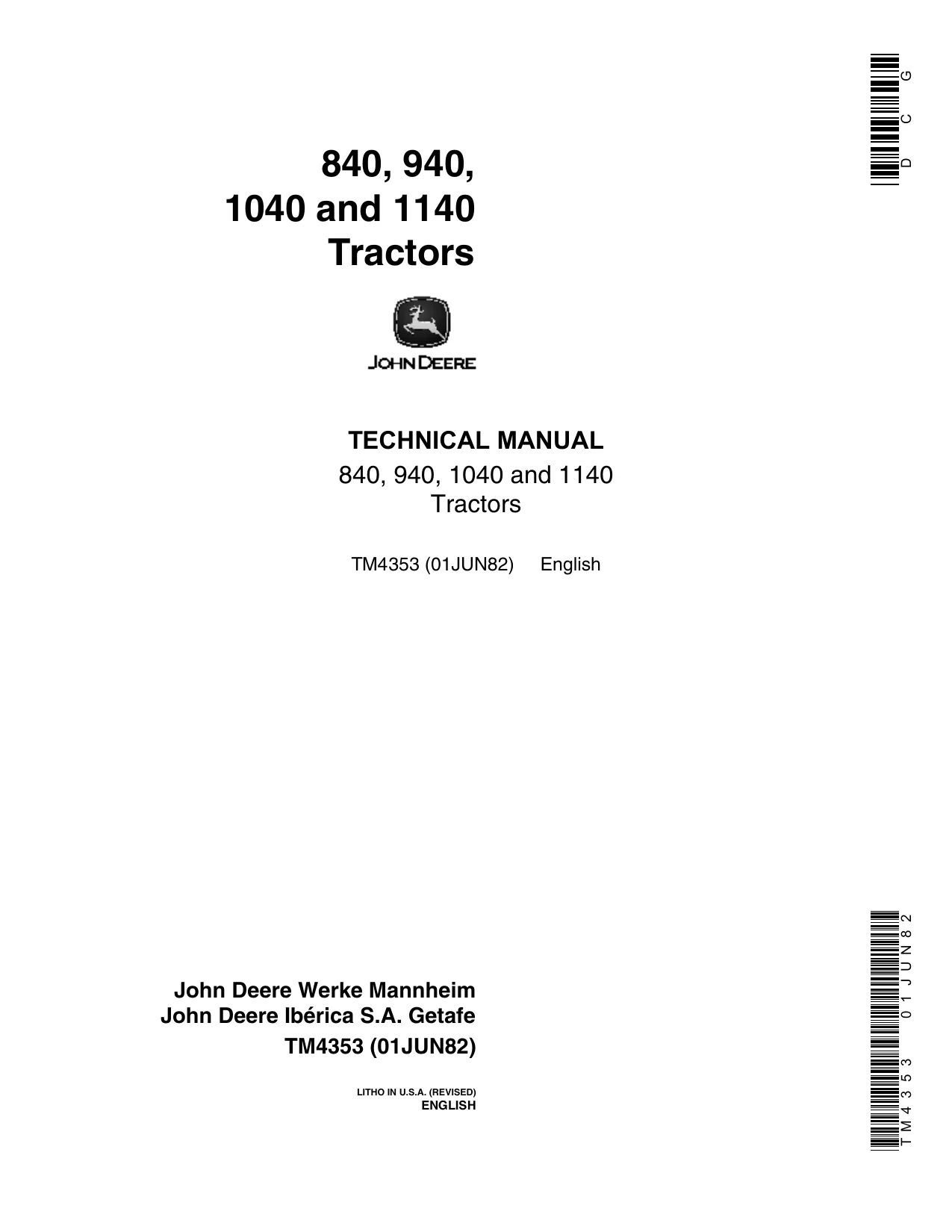 John Deere 840, 940, 1040, 1140 Tractors Technical Manual