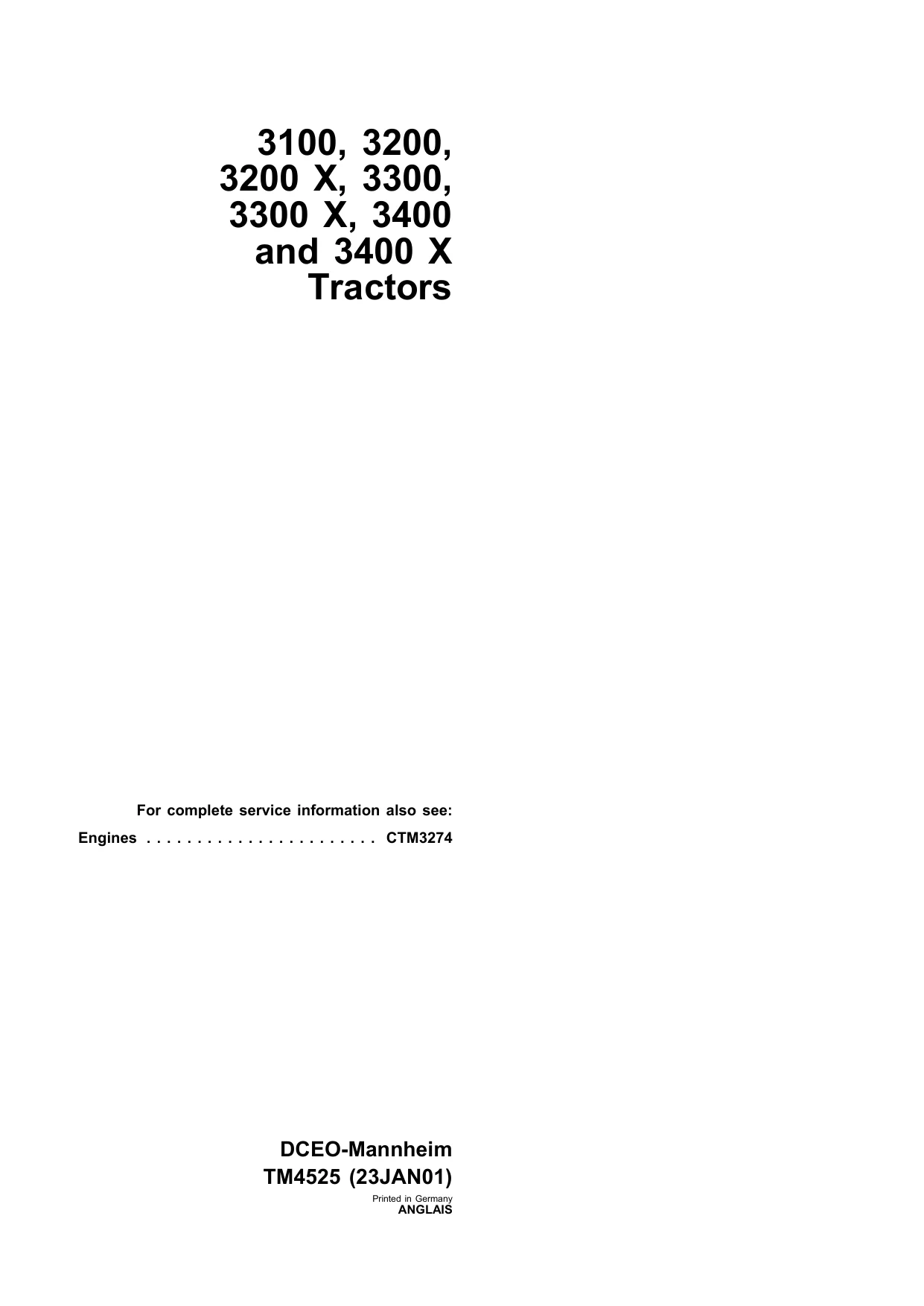 John Deere 3100, 3200, 3200X, 3300, 3300X, 3400, 3400X Tractors Technical Manual