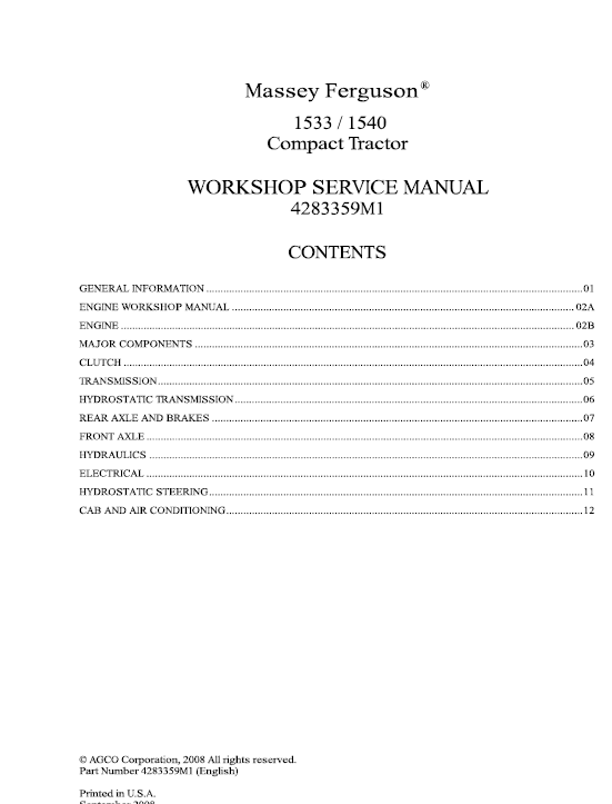 Massey Ferguson 1533 , 1540 Compact Tractor Service Manual