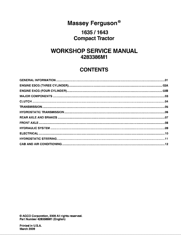 Massey Ferguson 1635, 1643 Compact Tractor Service Manual