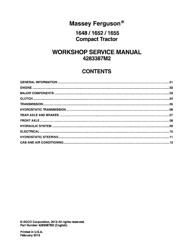 Massey Ferguson 1648,1652,1655 Compact Tractor Service Manual