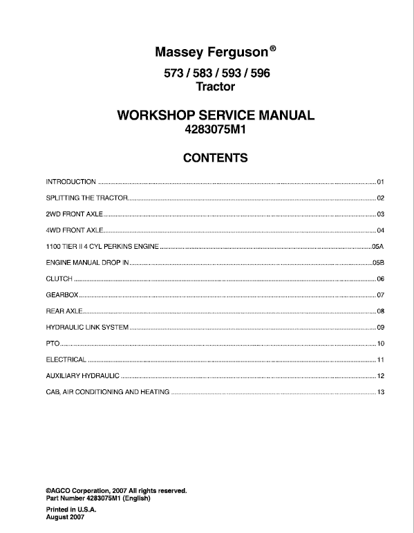 Massey Ferguson 573, 583, 593, 596 Tractor Workshop Service Manual