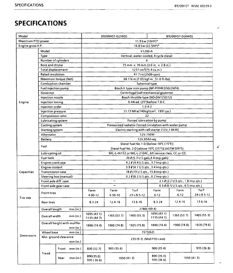 Kubota B9200 HST DC Tractor Workshop Service Manual