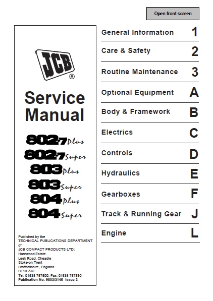 JCB 802.7 plus, 802.7 super, 803 plus, 803 super, 804 plus, 804 super Mini Excavator Service Manual