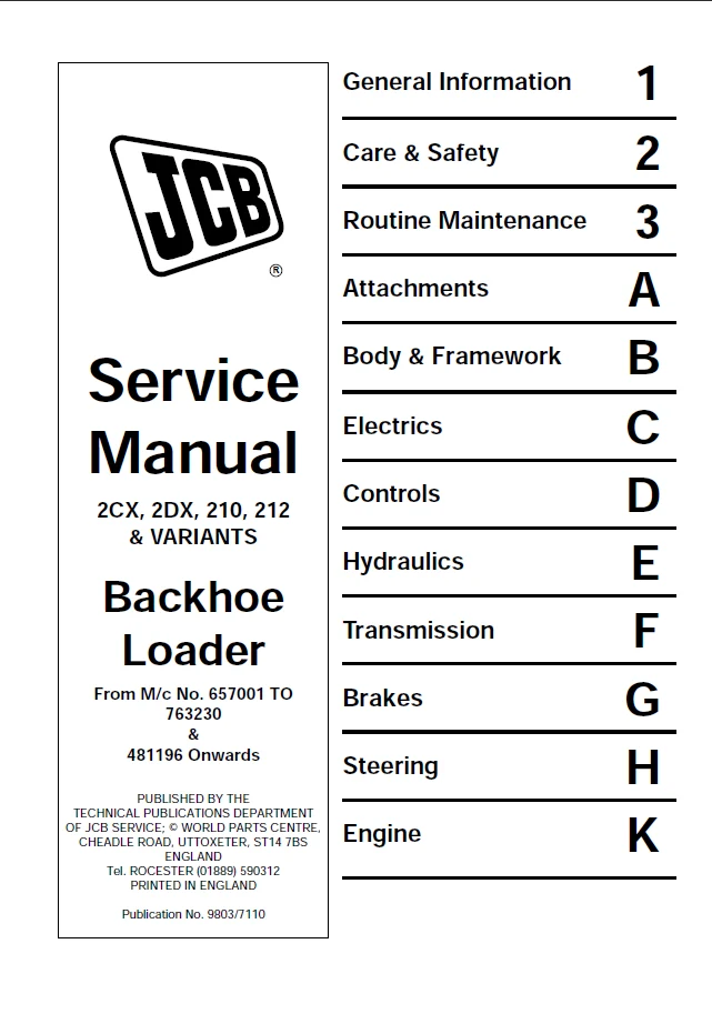 JCB 2CX, 2DX, 210, 212 & VARIANTS Backhoe Loader Service Manual