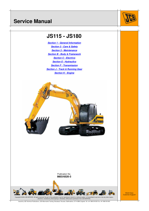 JCB JS115, JS130, JS130LC, JS145, JS160, JS180 Tracked Excavator Service Manual
