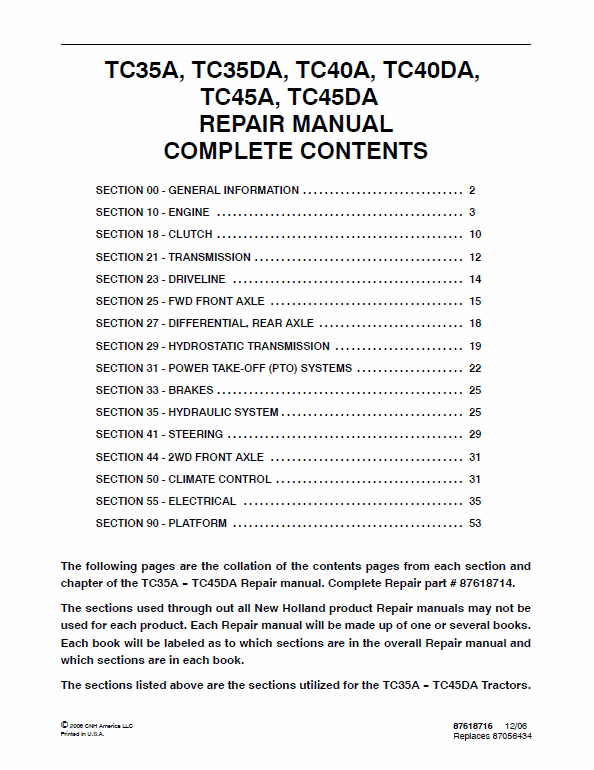 New Holland TC35A, TC35DA, TC40A, TC40DA, TC45A, TC45DA Tractors Service Manual
